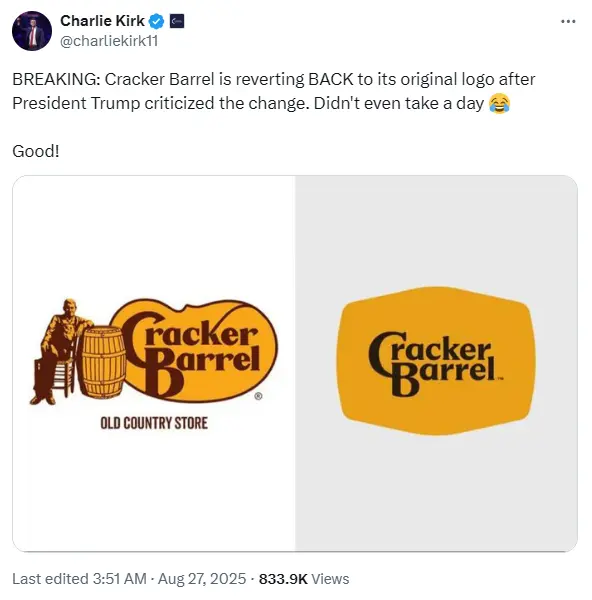 BREAKING Cracker Barrel is reverting BACK to its original logo after President Trump criticized the change - ULD News